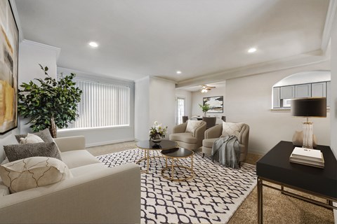 a living room with couches and chairs and a rug