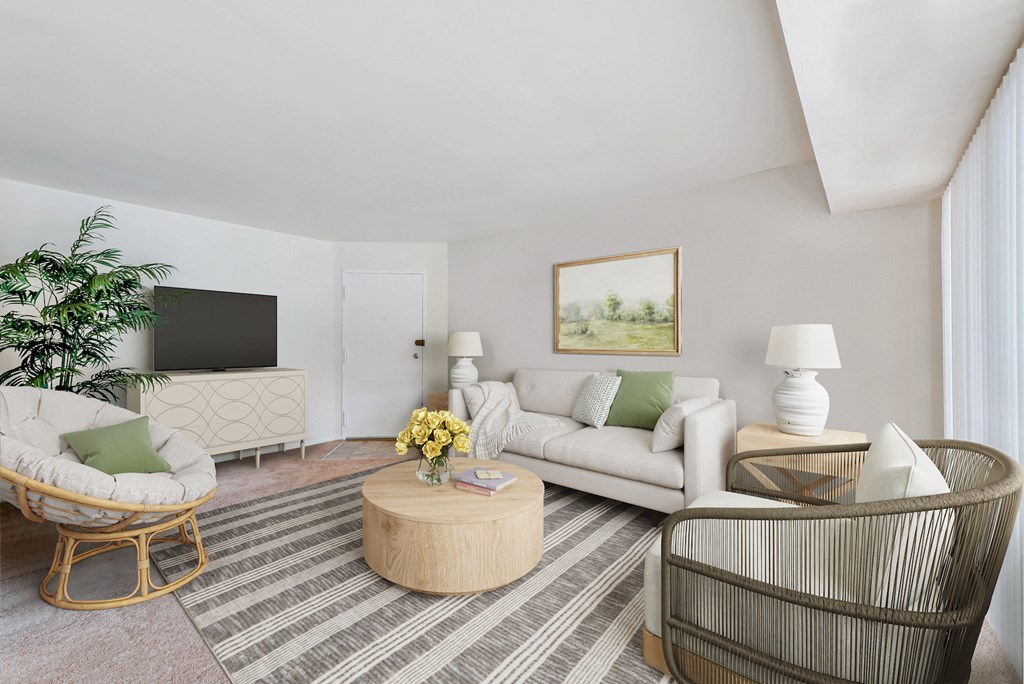 a living room with a couch and a chair and a television