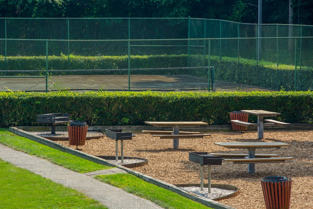 a group of picnic tables in a park