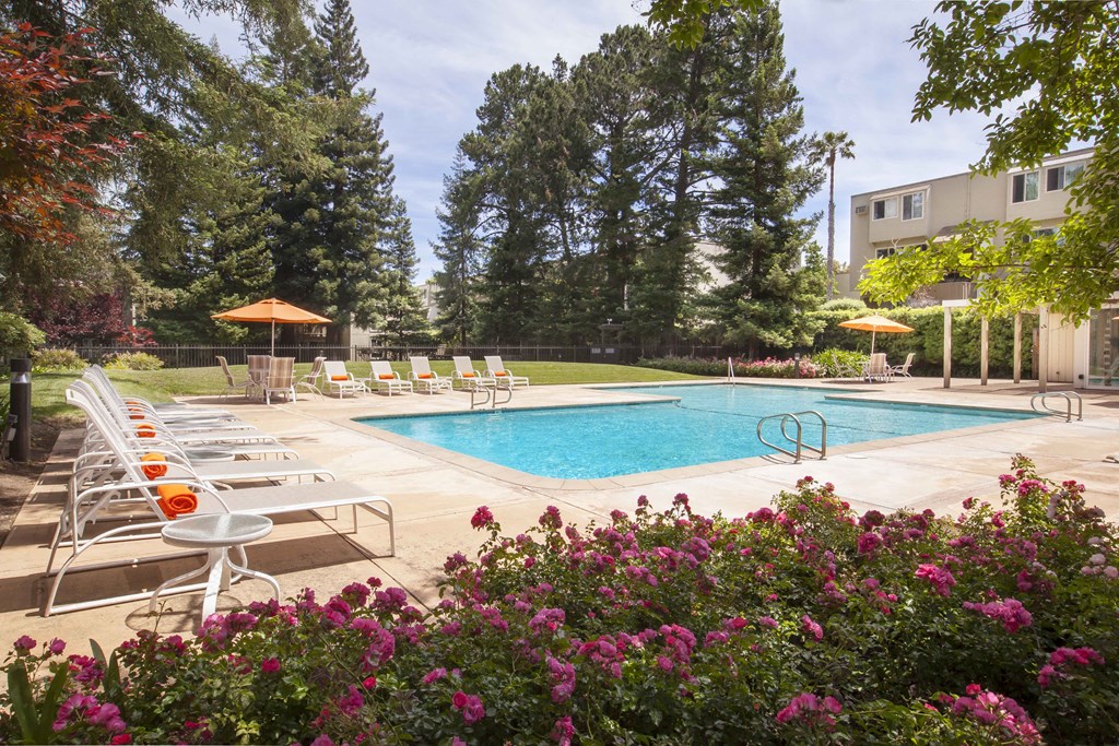 a swimming pool with lounge chairs next to a hotel pool