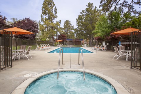 A small pool surrounded by chairs and umbrellas.