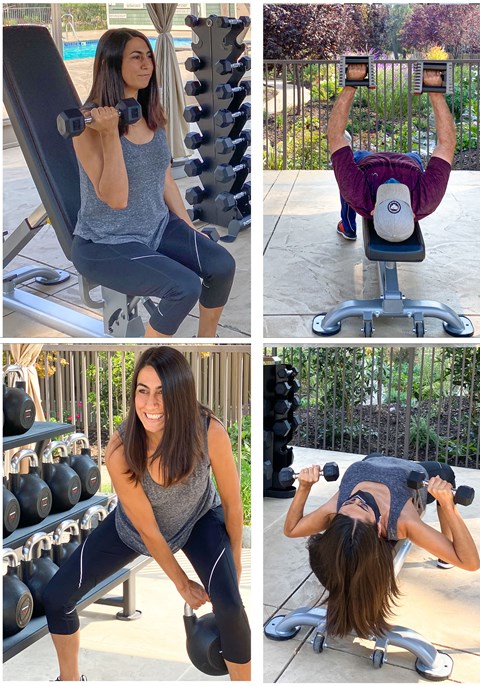 A woman is doing a workout with dumbbells in an outdoor gym.