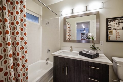 the preserve at ballantyne commons apartment bathroom with sink and tub and shower