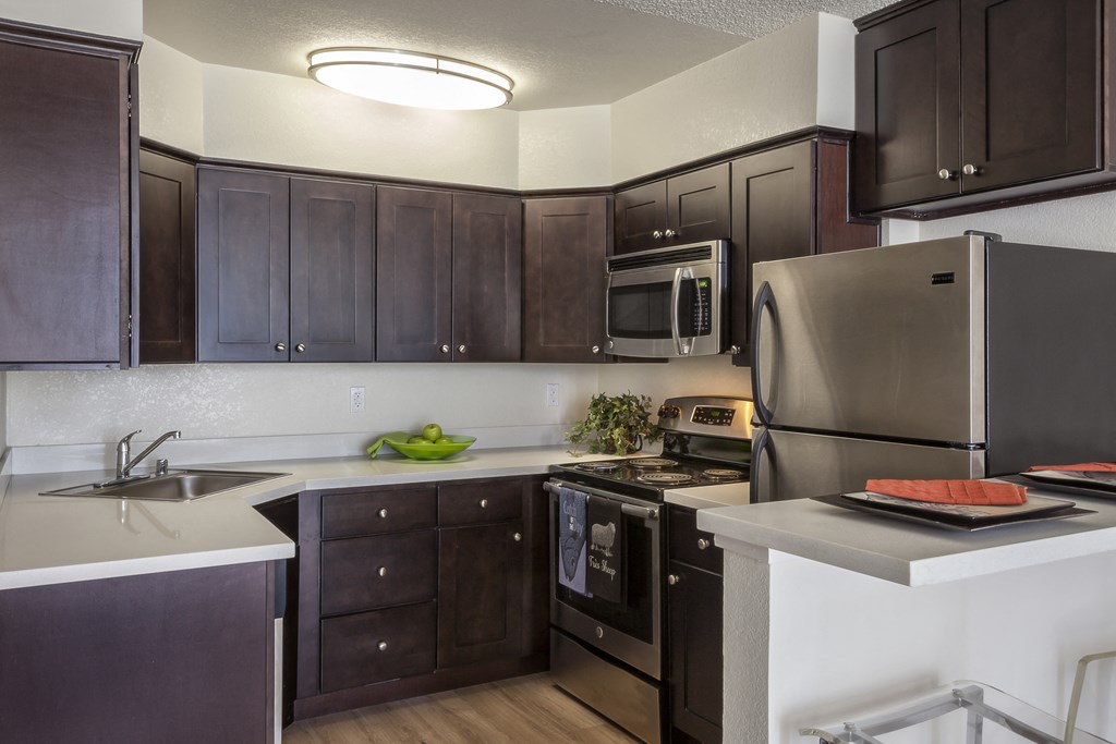 a kitchen with dark wood cabinets and stainless steel appliances