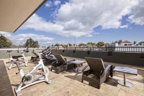 a rooftop gym with exercise bikes and benches