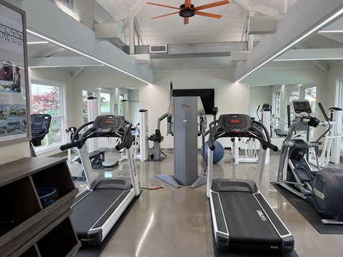 A gym with treadmills and exercise equipment.