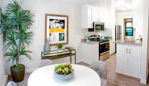 a kitchen with white cabinets and a table with a plant