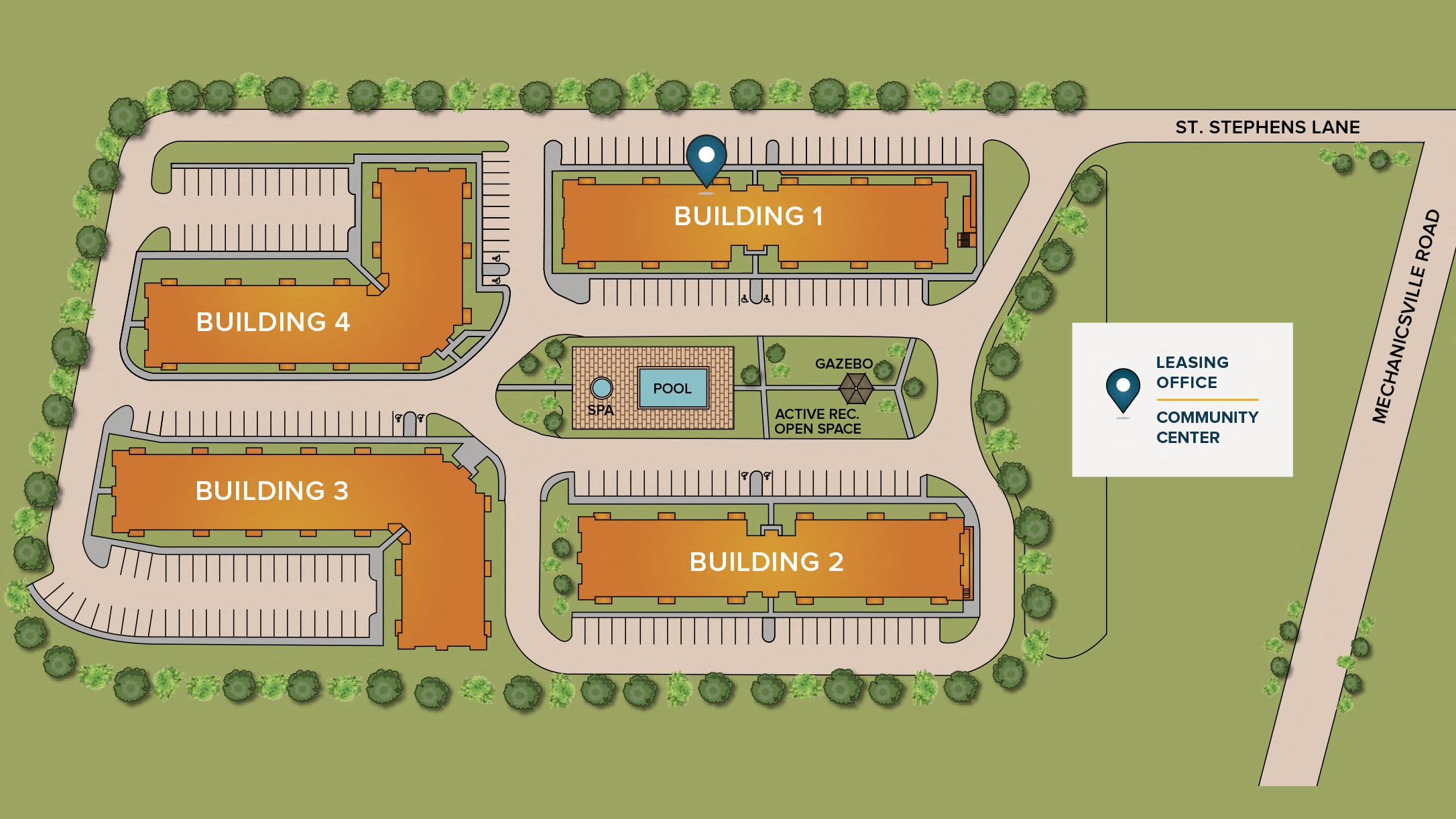 a site plan for a parking lot with a building 1 and a building 2