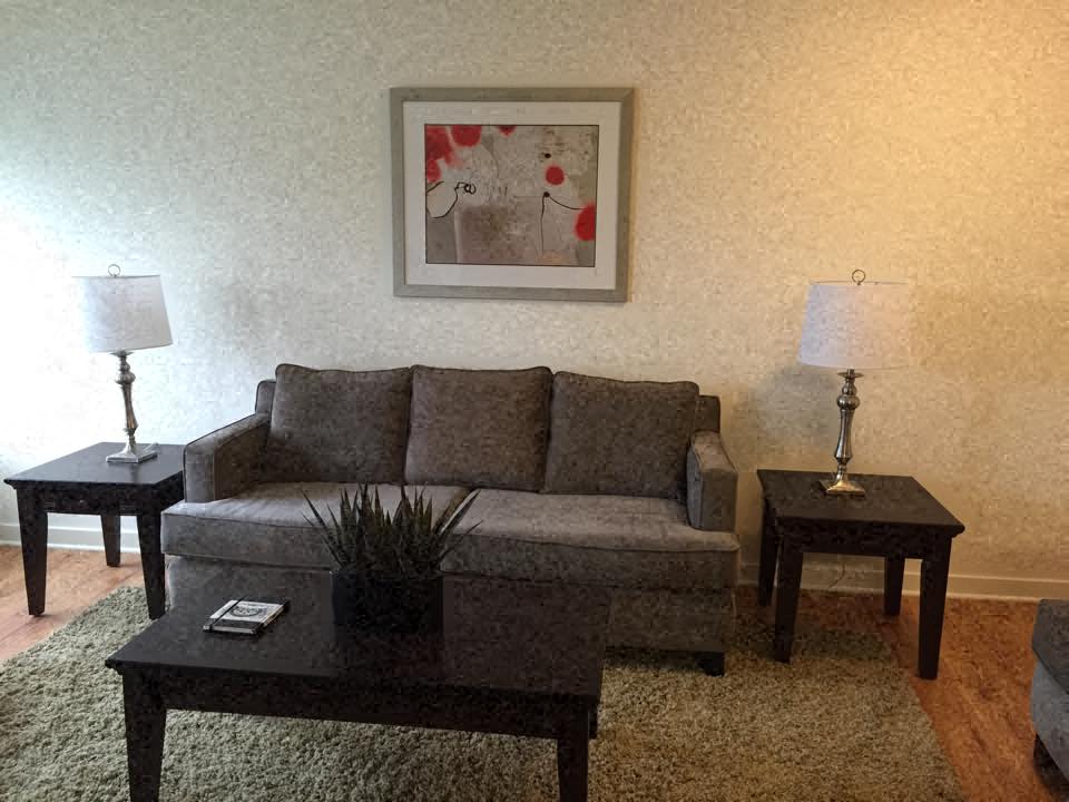 a living room with a couch and a coffee table