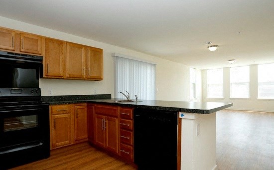 an empty kitchen with black appliances and wooden cabinets