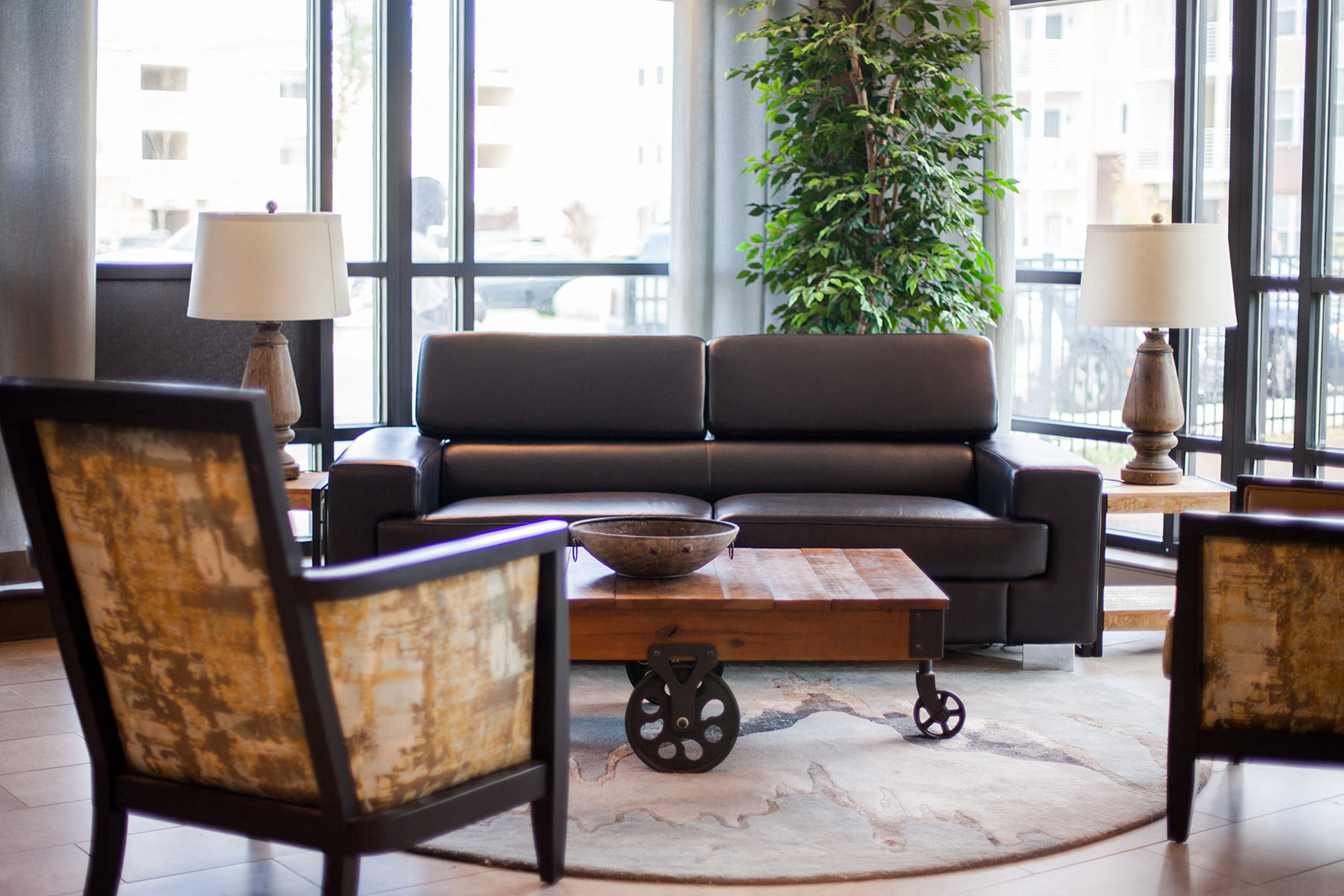 a living room with couches and a coffee table