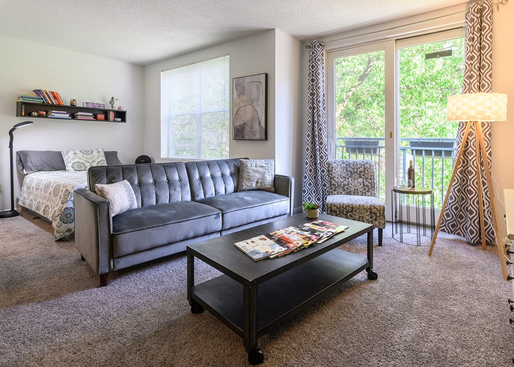 a living room with a couch and a coffee table