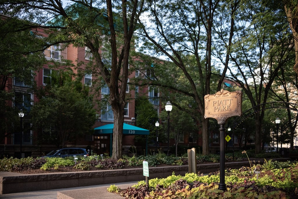 a park with trees and a sign in front of a building