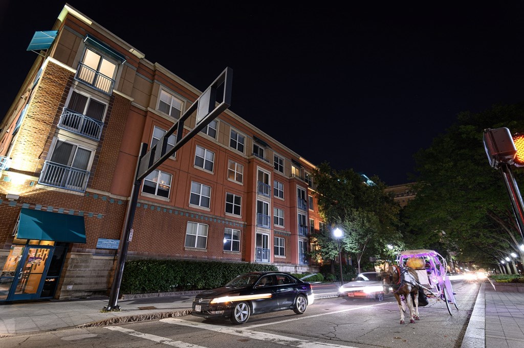 a horse and carriage walking down a city street at night