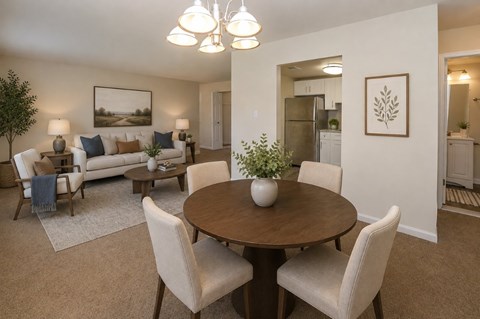 A dining room with a round table and chairs.