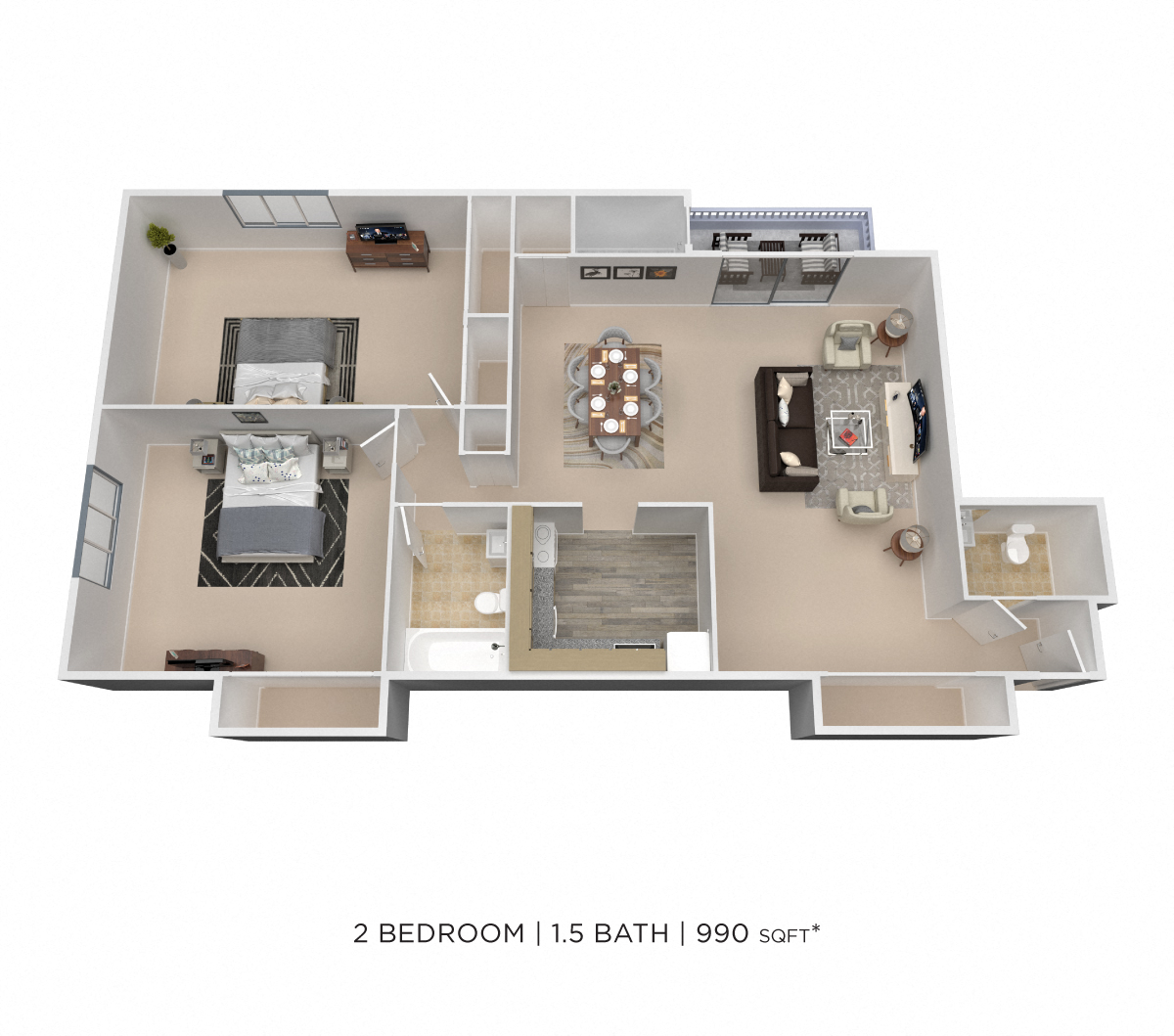Two Bedroom 1.5 Bath - 980 sqft