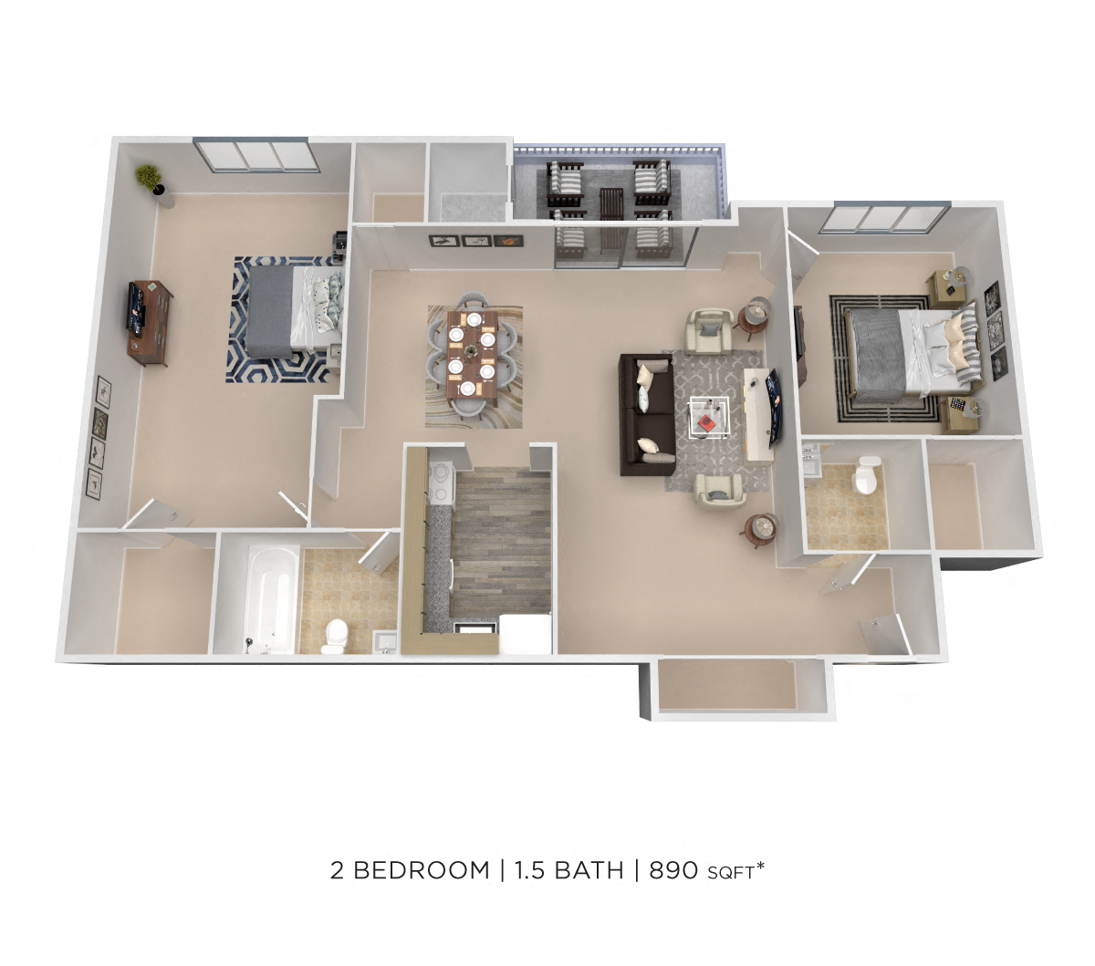 Two Bedroom 1.5 Bath - 890 sqft