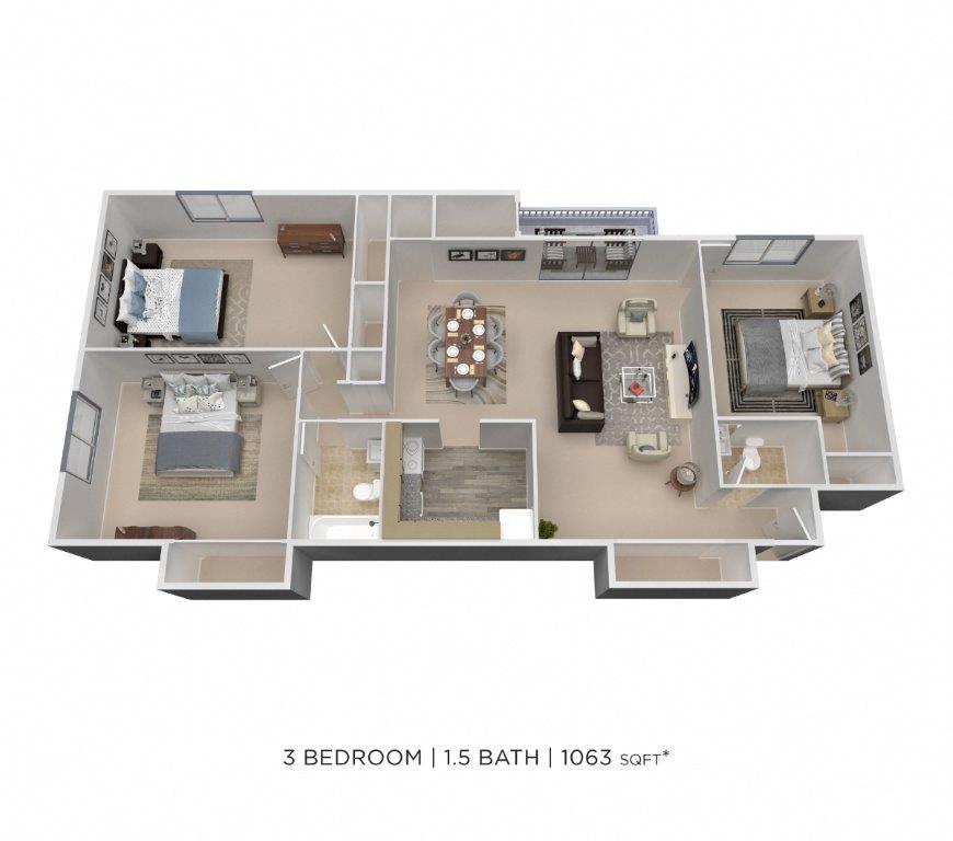 Three Bedroom 1.5 Bath - 1,063 sqft