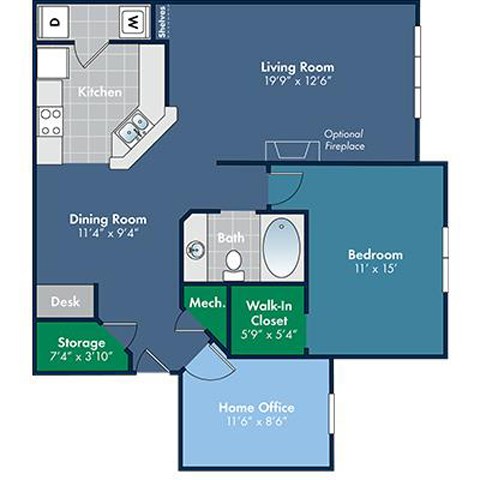 1 bedroom 1 bathroom 1057 Square-Foot Burgundy Floorplan at Abberly Place at White Oak Crossing by HHHunt, Garner, 27610