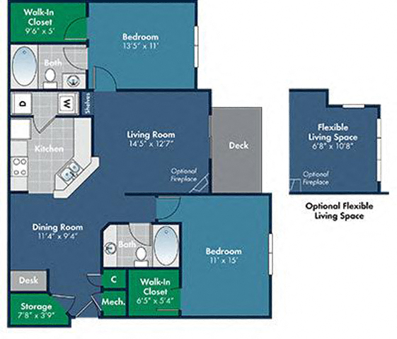 2 bedroom 2 bathroom Floorplan for Lyon, Starting from 1132 Square-Foot at Abberly Place at White Oak Crossing by HHHunt, Garner, NC 27610