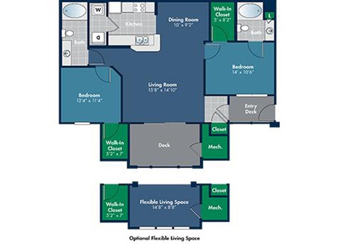 2 bedroom 2 bathroom 1013 Square-Foot Rhone Floorplan at Abberly Place at White Oak Crossing by HHHunt, Garner, NC