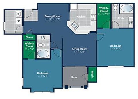 2 bedroom 2 bathroom 1280 Square-Foot Solano Floorplan at Abberly Place at White Oak Crossing by HHHunt, Garner