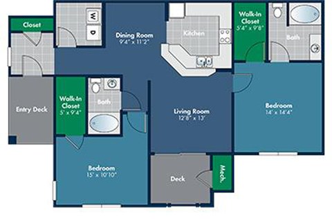 2 bedroom 2 bathroom 1208 Square-Foot Savoy Floorplan at Abberly Place at White Oak Crossing by HHHunt, Garner North Carolina
