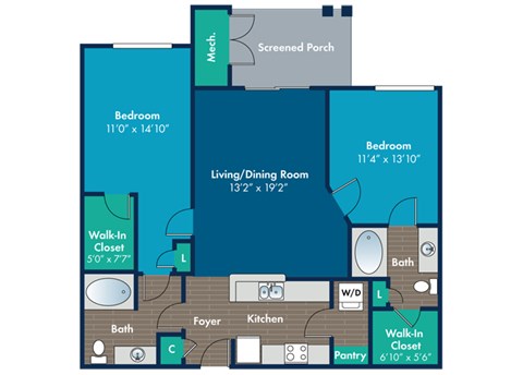 2 bedroom 2 bathroom Laurel Floor Plan at Abberly Crest Apartment Homes by HHHunt, Lexington Park, MD