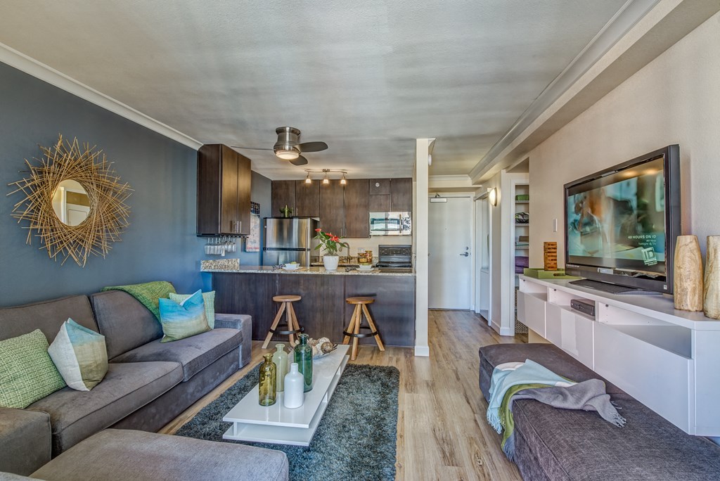 a living room and kitchen with a couch and a tv