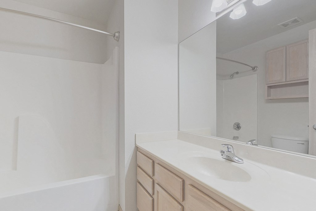 an empty bathroom with a sink and a mirror