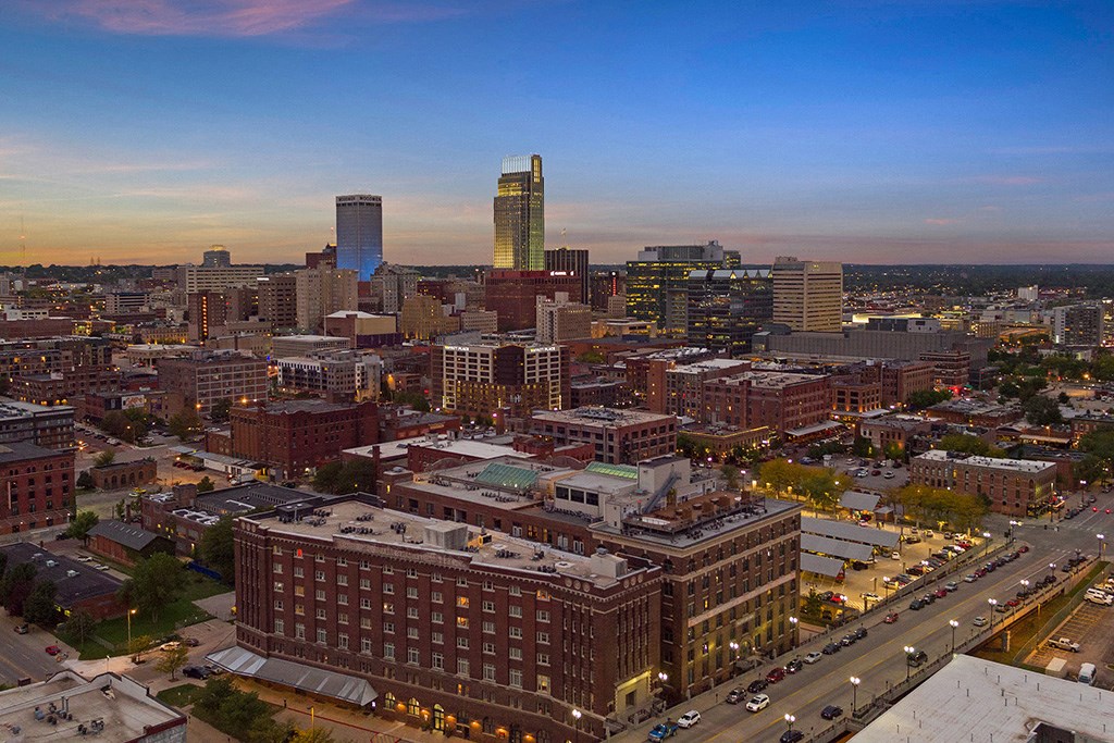 a view of the skyline at dusk