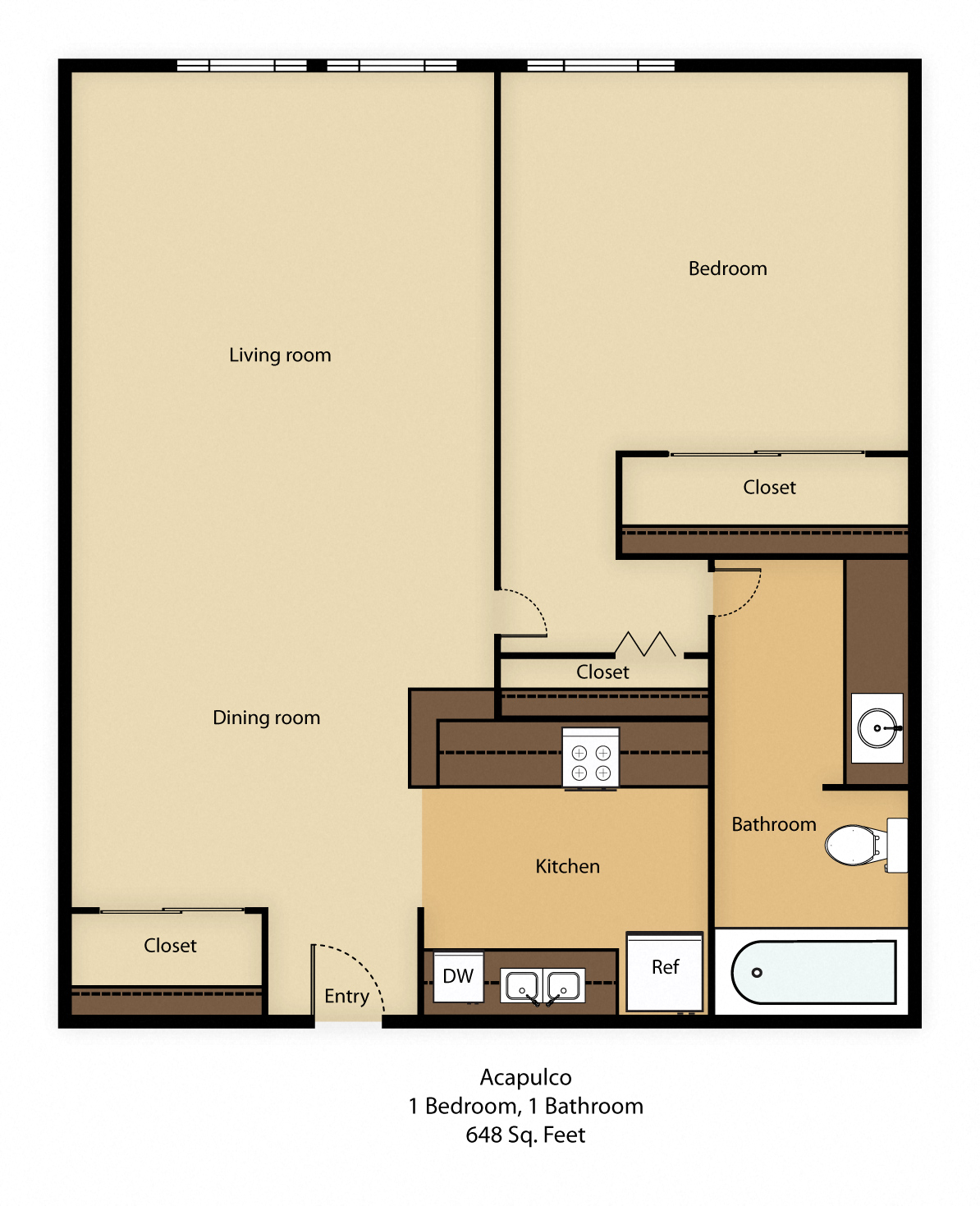 1 Bed - 1 Bath |720 sq ft Acapulco Floorplan at Park Regency Club-1 Bed - 1 Bath |720 sq ft