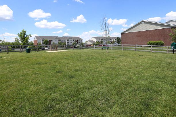 a large field of grass with houses in the background