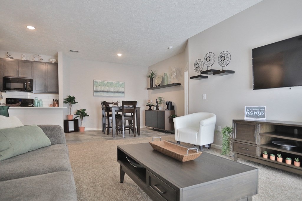 a living room with a couch and a coffee table and a television