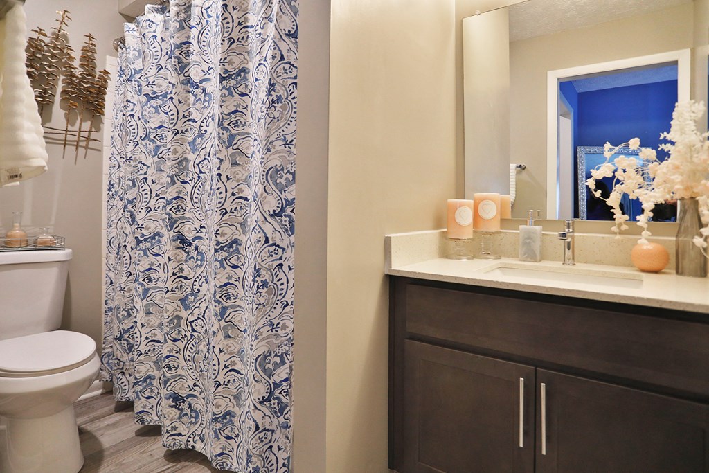 a bathroom with a blue and white shower curtain and a toilet and sink
