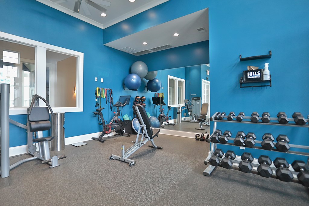 A gym with blue walls and a variety of exercise equipment.