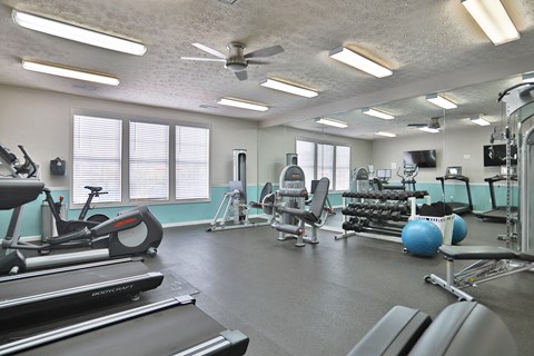a gym with cardio machines and weights and windows