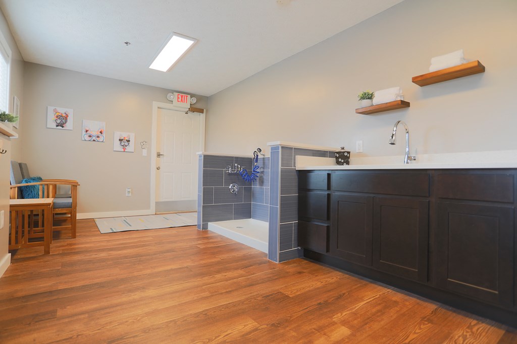 a kitchen with a sink and a counter top in an empty room