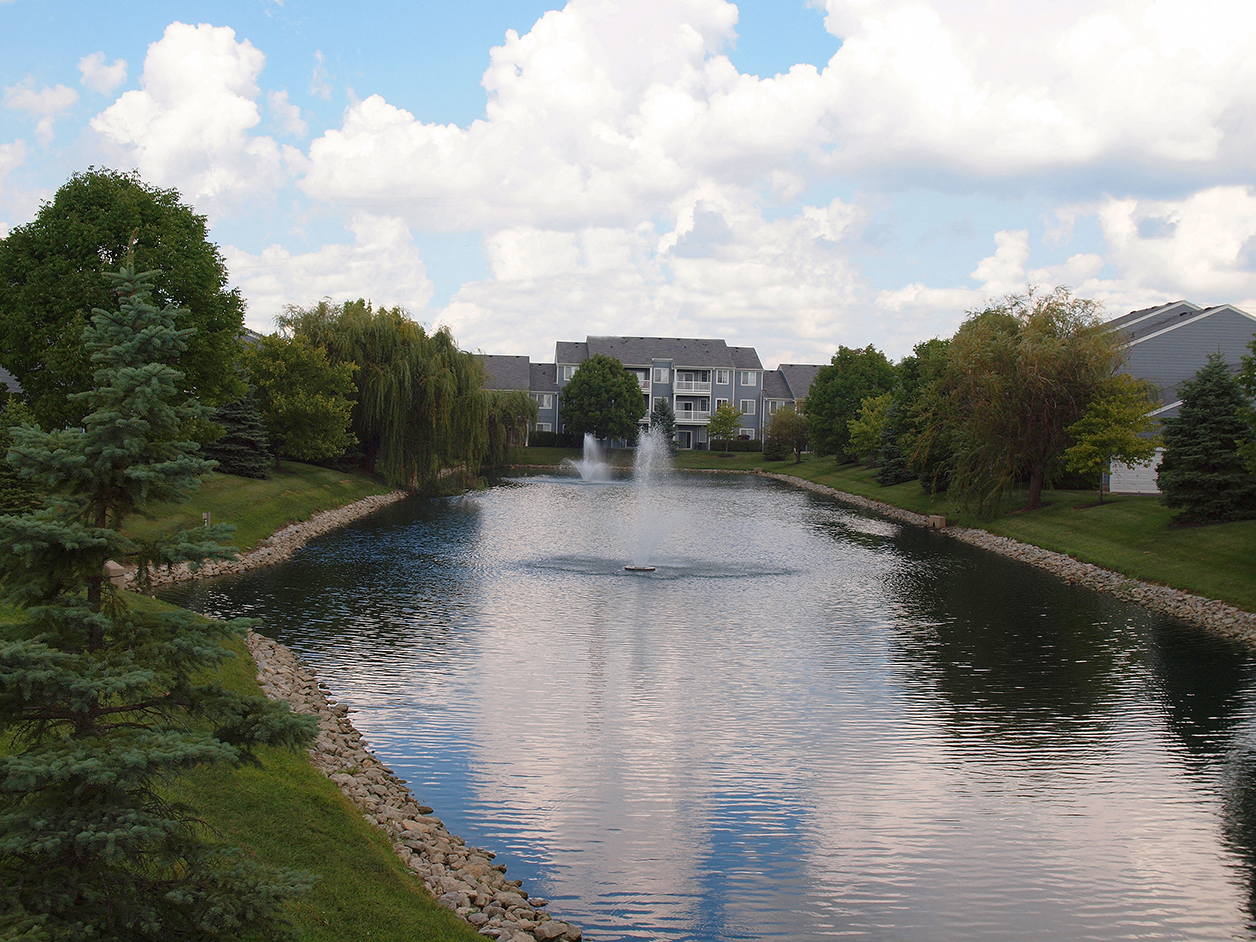 a pond with a fountain in the middle of it