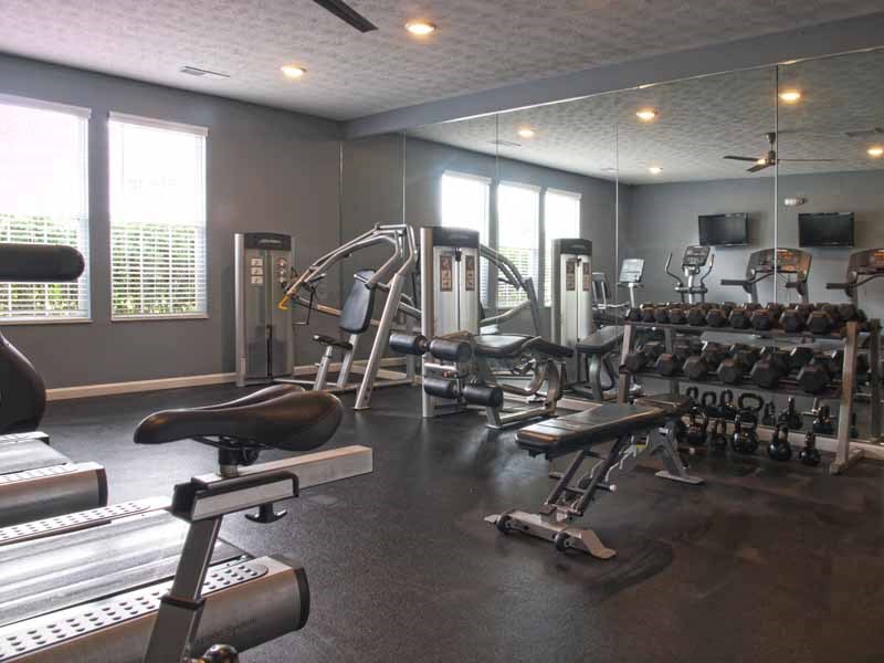 a gym with a lot of equipment and windows
