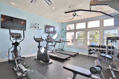 A spacious home gym with a variety of exercise equipment and a flat screen TV mounted on the wall.