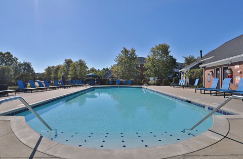 A large swimming pool with blue water and lounge chairs around it.