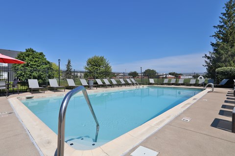A large outdoor swimming pool with a metal ladder.