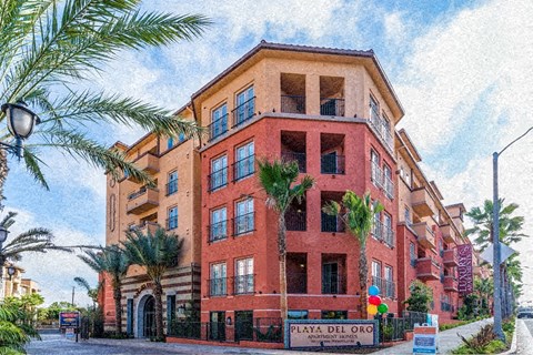 a painting of a building on the corner of a street