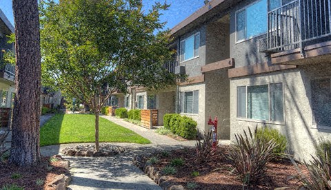 a sidewalk in front of an apartment building