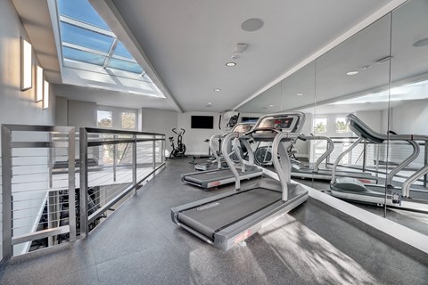 the gym is equipped with cardio equipment and glass windows