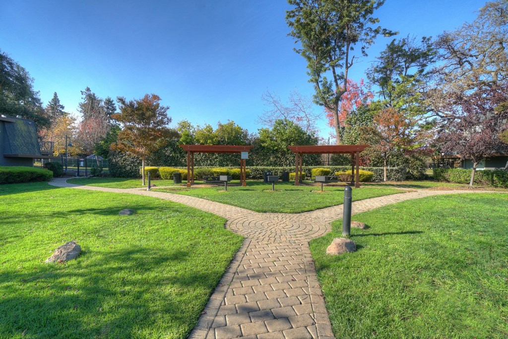 a path leading to a park with benches