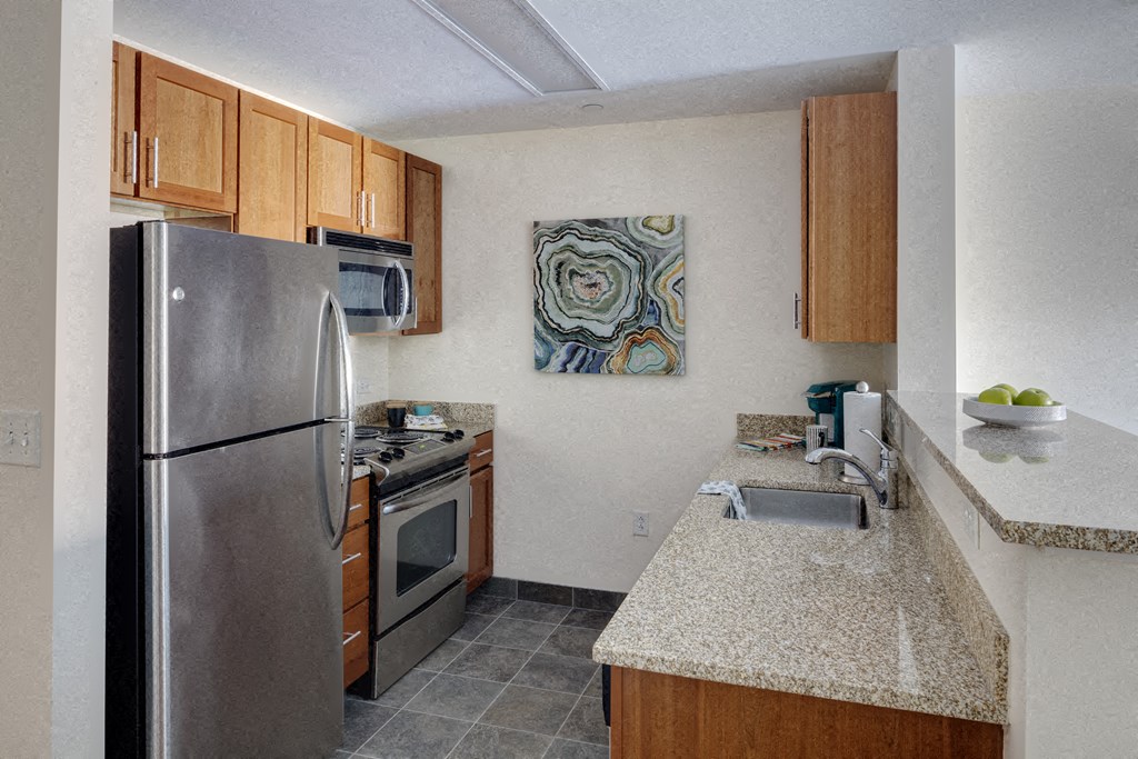 a kitchen with stainless steel appliances and granite counter tops