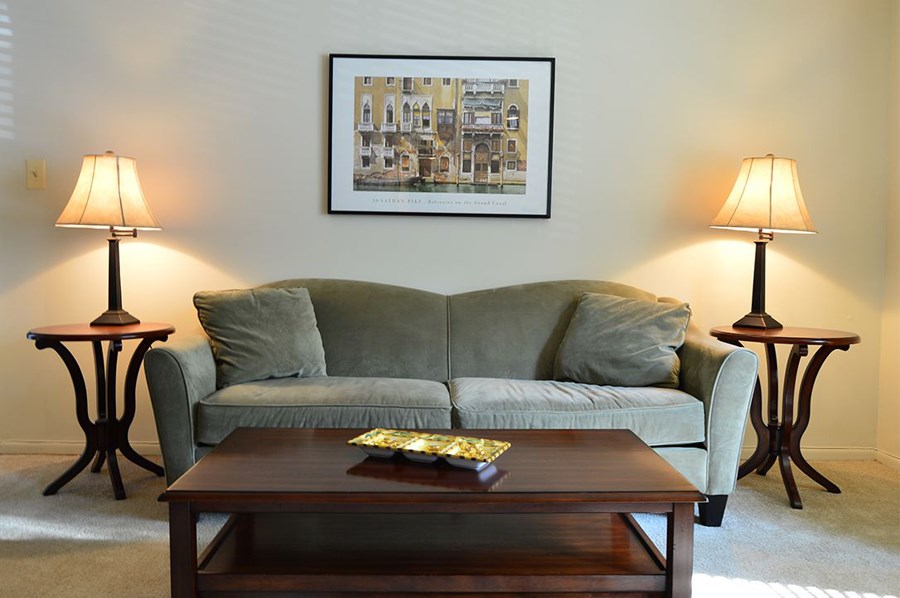 a living room with a couch and a coffee table