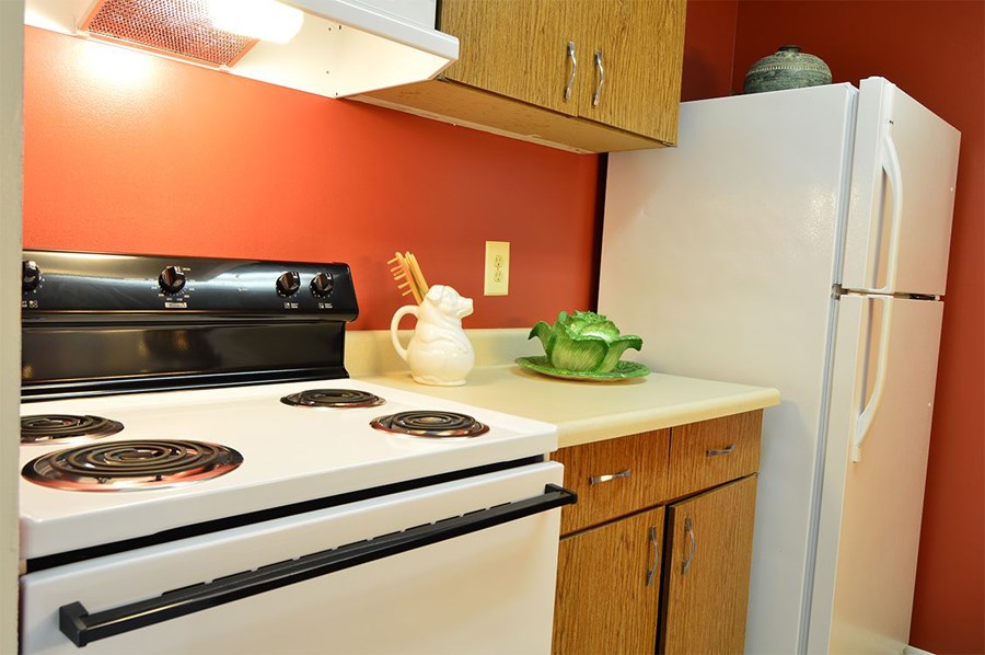 a kitchen with a stove and a refrigerator